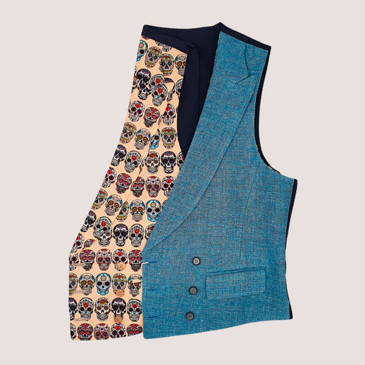 Reversible Ceremony Vest Mexican Skulls/Turquoise Blue